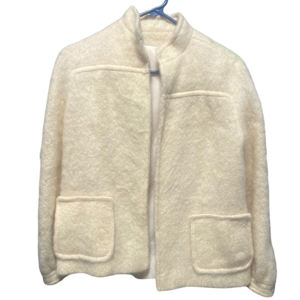 Vintage Ivory Mohair Blend Jacket Collarless Open Front Pockets Cozy Soft